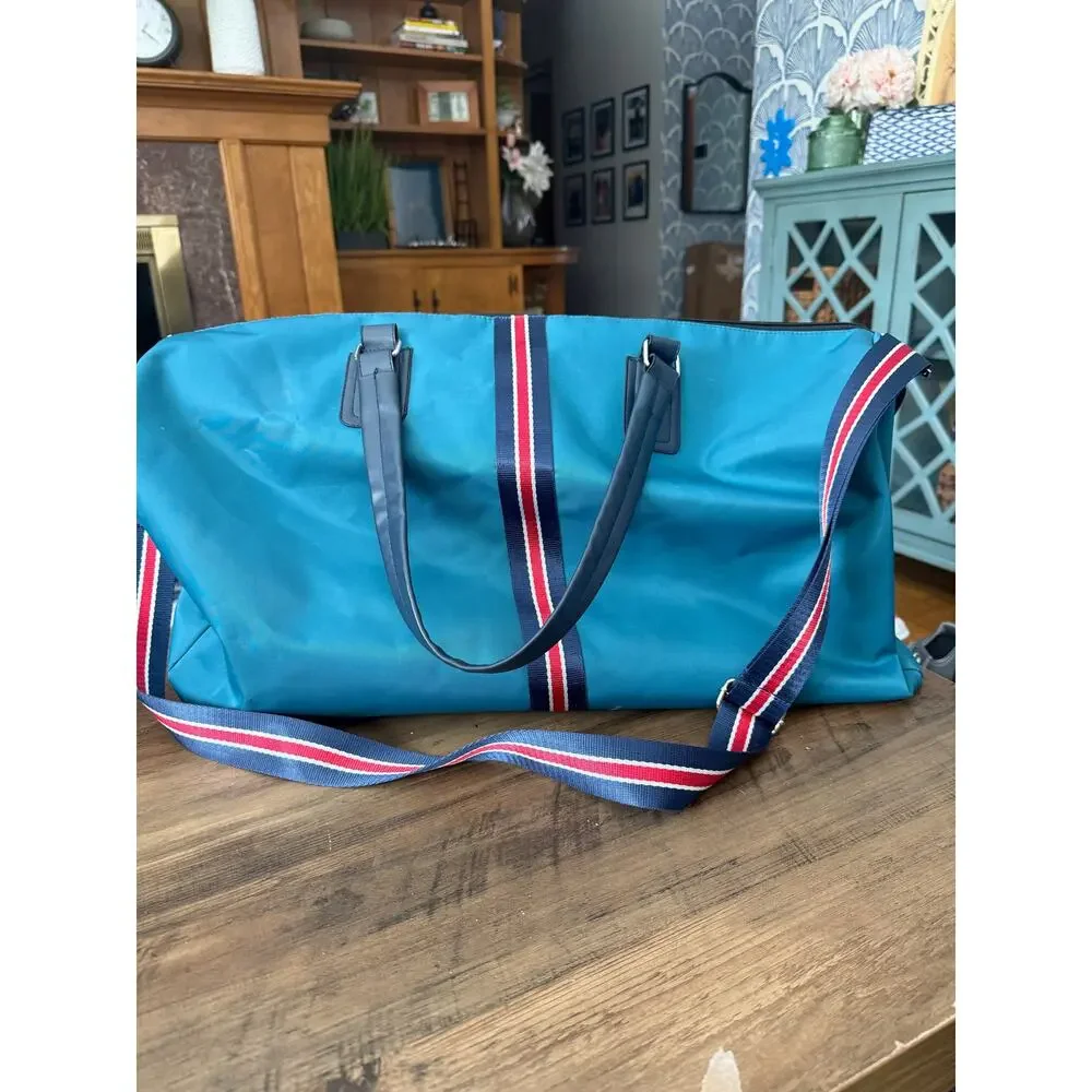 PUNCH Nylon Blue Gem Tone Duffle Bag with Red and Blue Designer Crossbody Detail